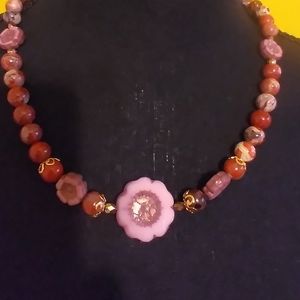 Handmade GENUINE 💥 19" Red Creek Jasper &  Pink Czech Glass🌺Flower Necklace